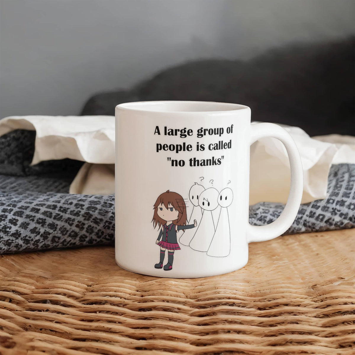 No Thanks Funny Introvert Mug — Anime Quote Gift (White)