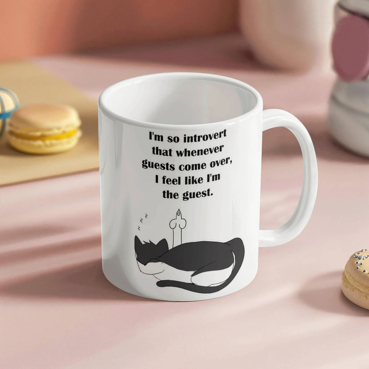 When Guests Arrive, I Become the Guest — Funny Introvert Cat White Mug