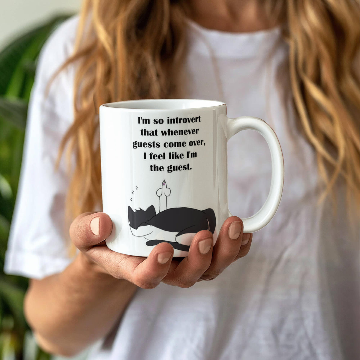 When Guests Arrive, I Become the Guest — Funny Introvert Cat White Mug