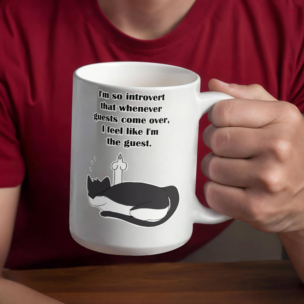 When Guests Arrive, I Become the Guest — Funny Introvert Cat White Mug