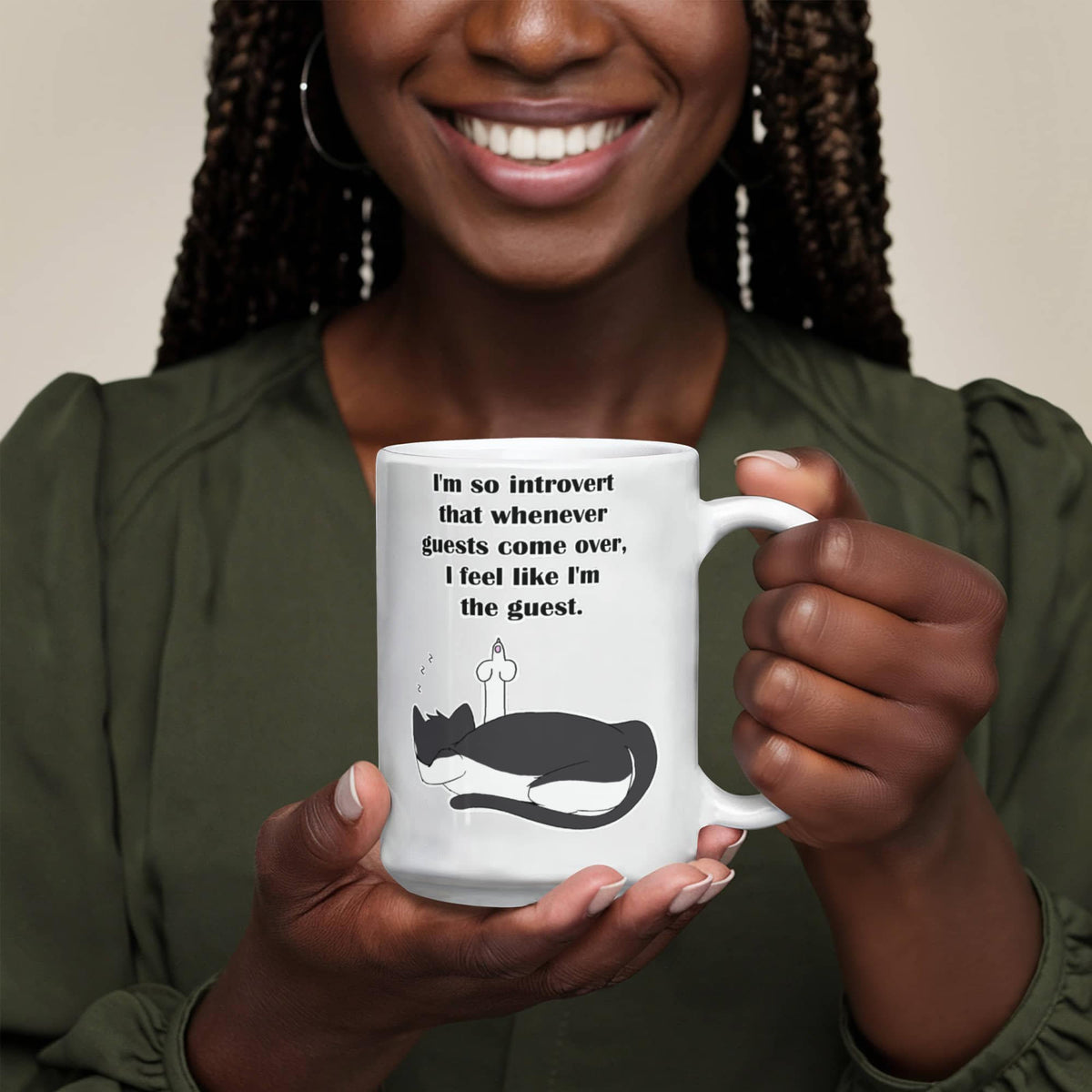 When Guests Arrive, I Become the Guest — Funny Introvert Cat White Mug