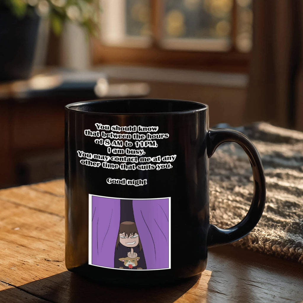 I Am Busy 8AM–11PM — Night Owl Black Mug