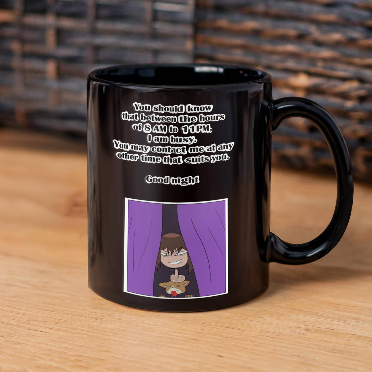 I Am Busy 8AM–11PM — Night Owl Black Mug