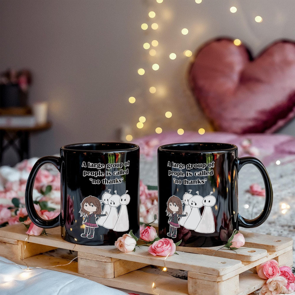 No Thanks Funny Introvert Mug — Anime Quote Gift (Black)
