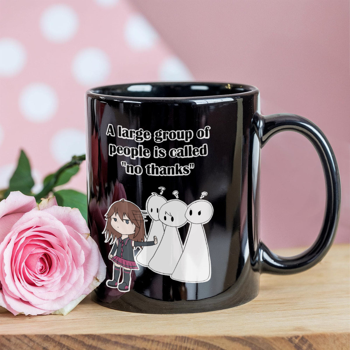 No Thanks Funny Introvert Mug — Anime Quote Gift (Black)