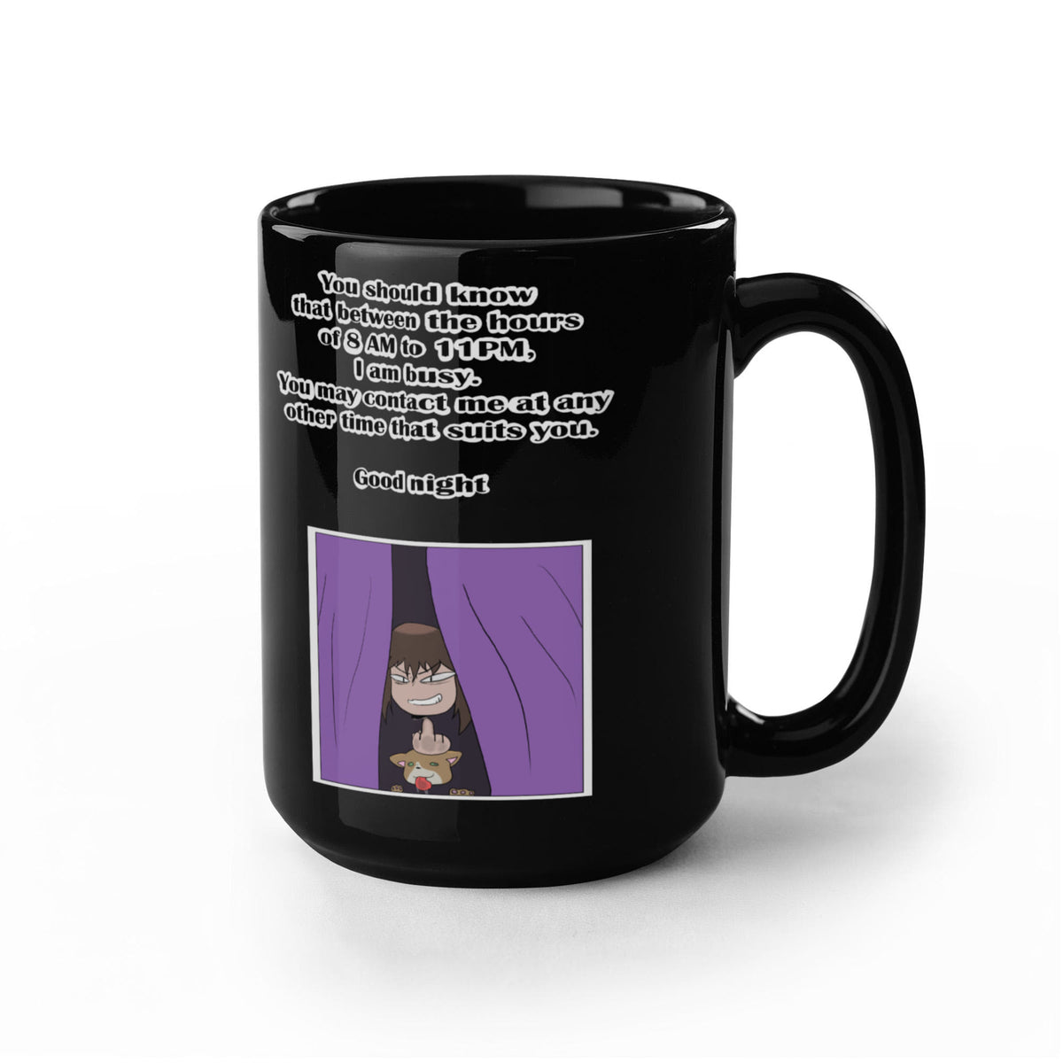 I Am Busy 8AM–11PM — Night Owl Black Mug
