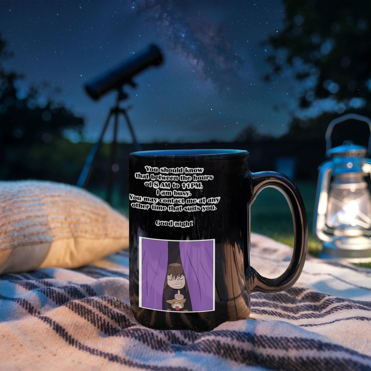 I Am Busy 8AM–11PM — Night Owl Black Mug