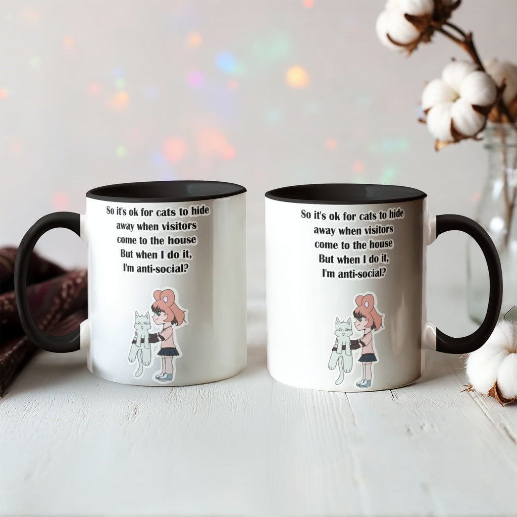 Anti-Social? No, Just Cat-Level Selective — White Mug with Coloured Handle