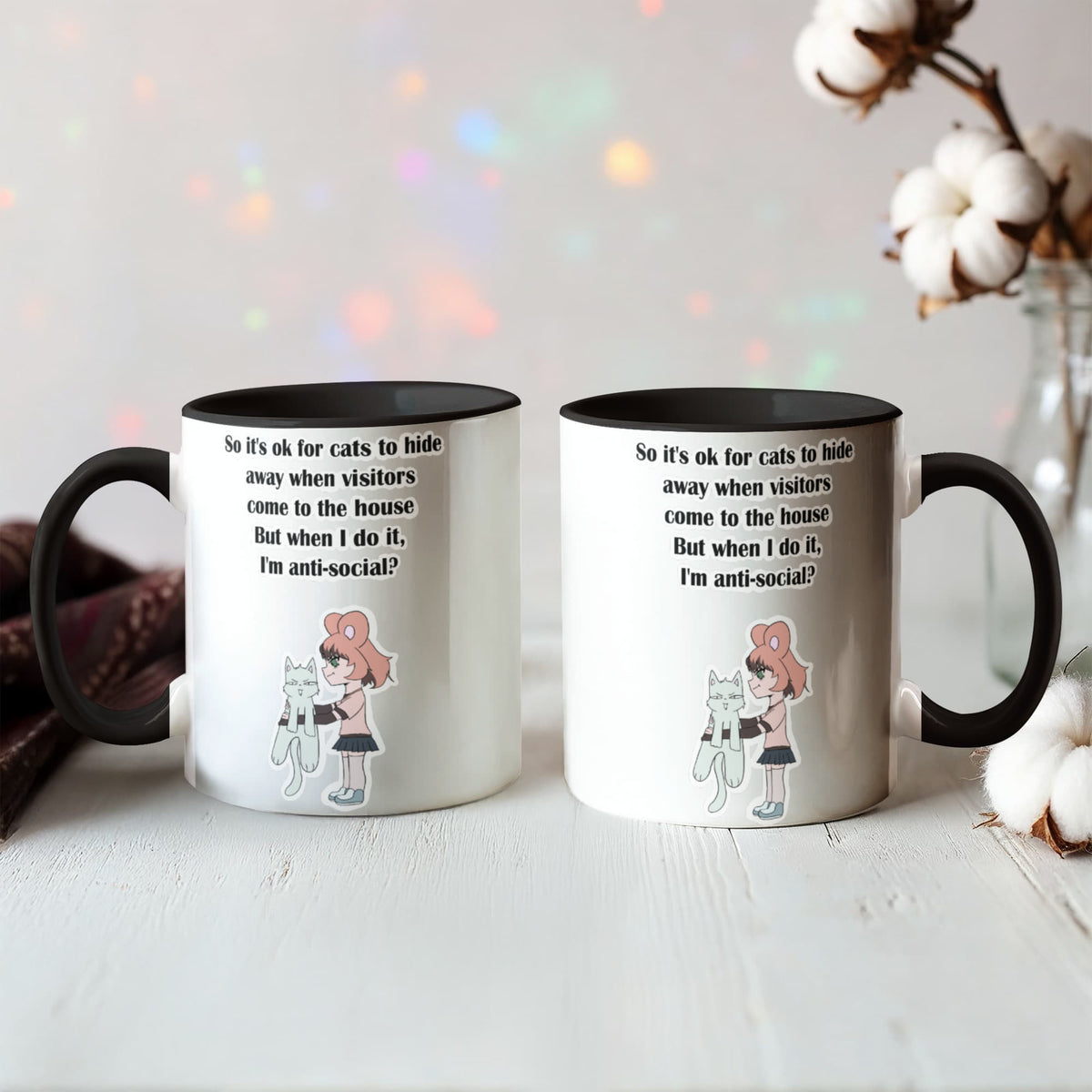 Anti-Social? No, Just Cat-Level Selective — White Mug with Coloured Handle