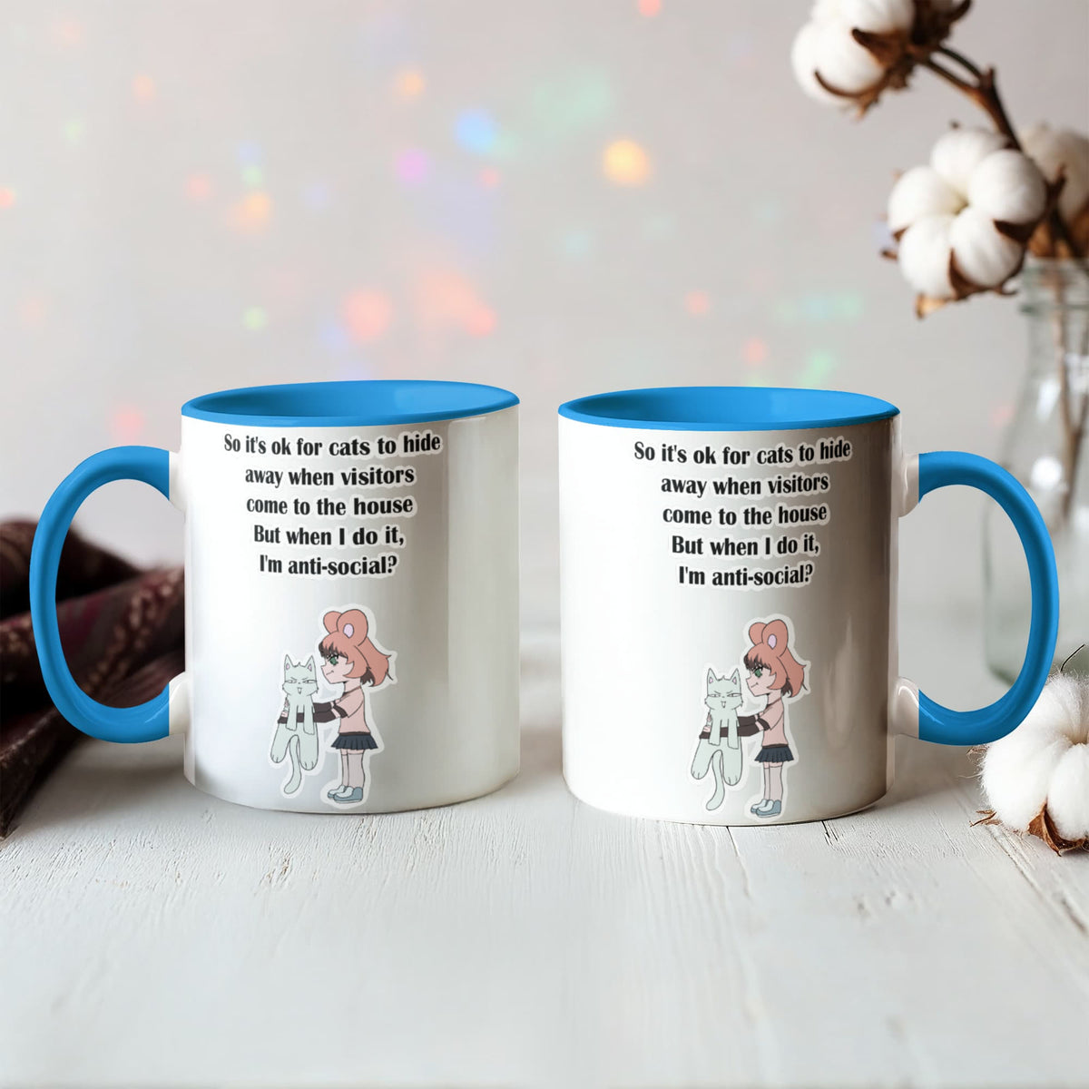 Anti-Social? No, Just Cat-Level Selective — White Mug with Coloured Handle