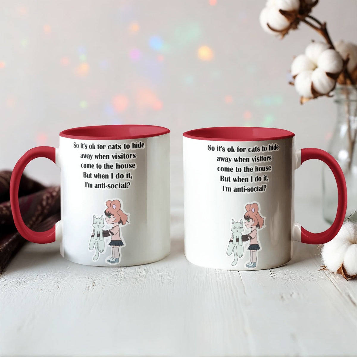 Anti-Social? No, Just Cat-Level Selective — White Mug with Coloured Handle