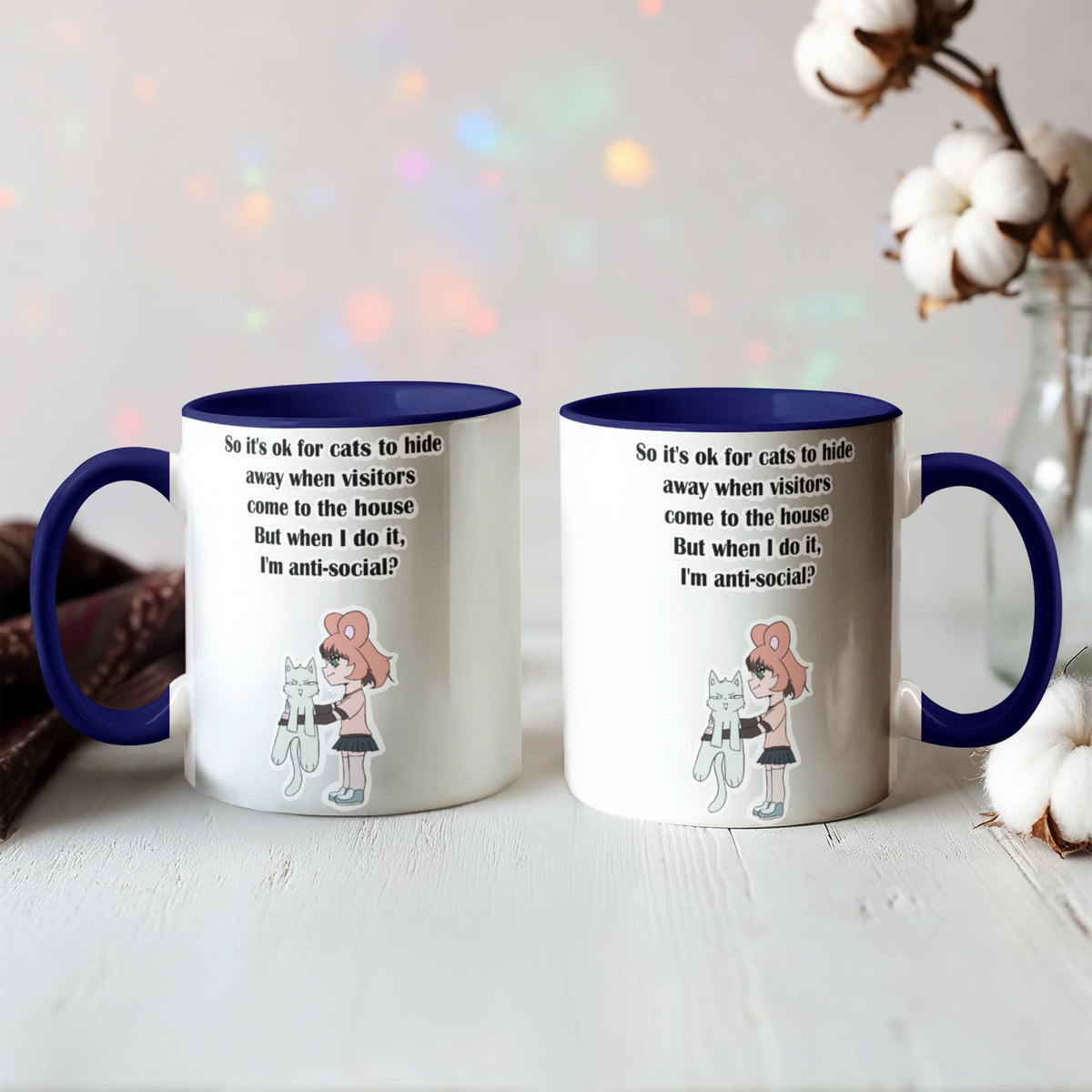 Anti-Social? No, Just Cat-Level Selective — White Mug with Coloured Handle